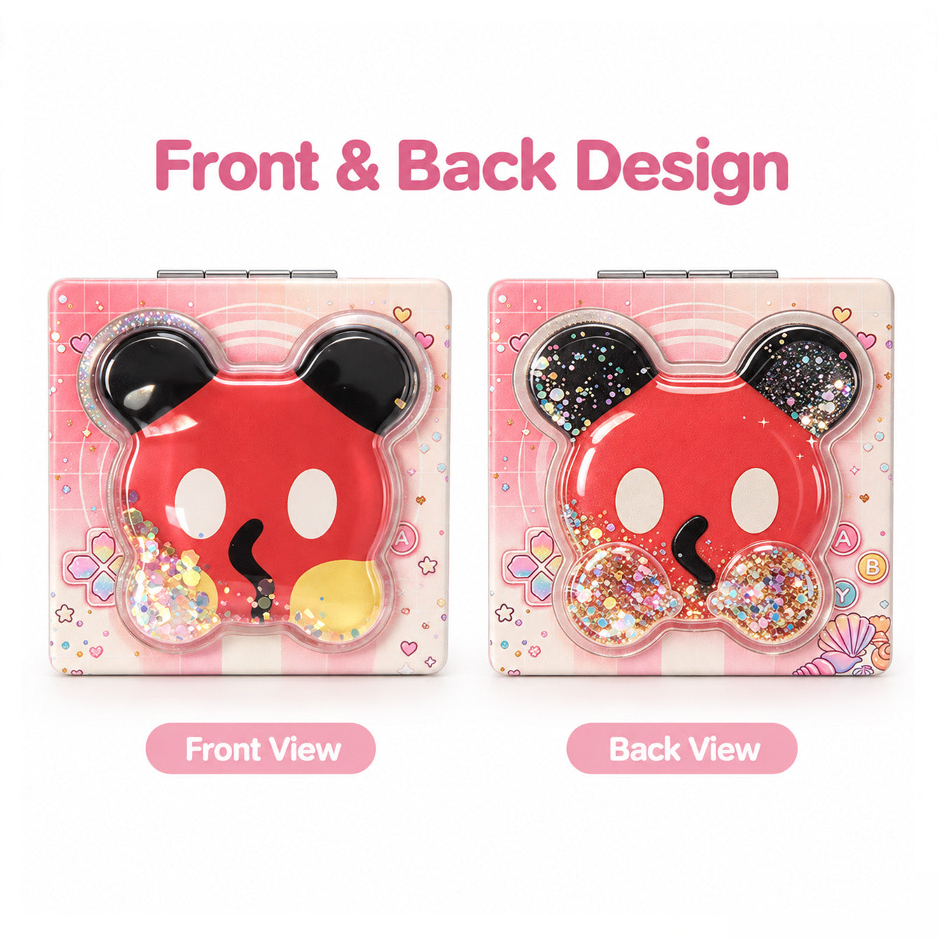 Front and back design of pink character liquid glitter compact mirror
