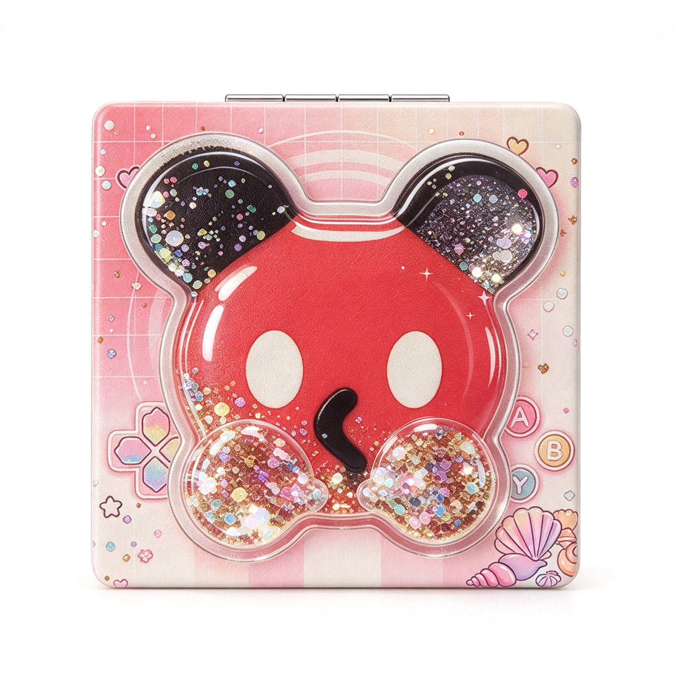 Pink character liquid glitter compact mirror back view