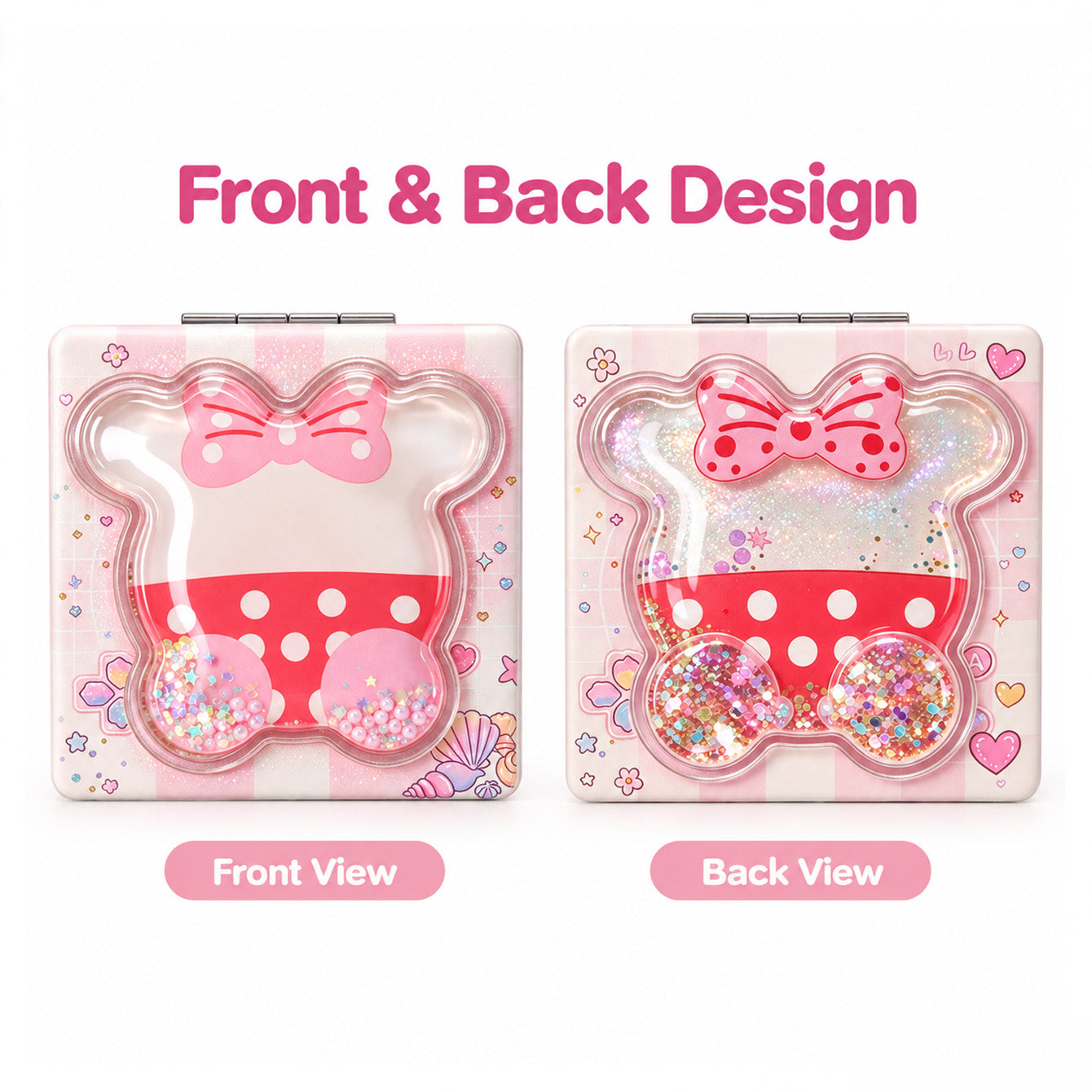 Front and back design of pink bow liquid glitter compact mirror