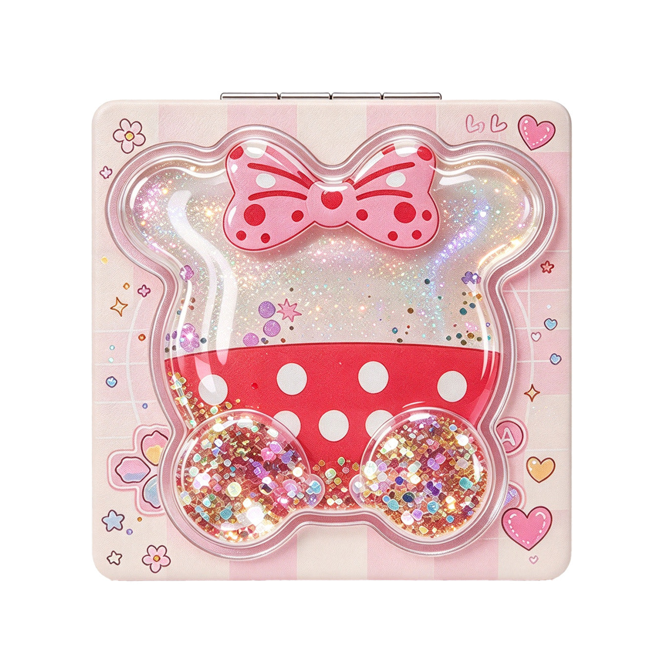 Pink bow liquid glitter compact mirror back view