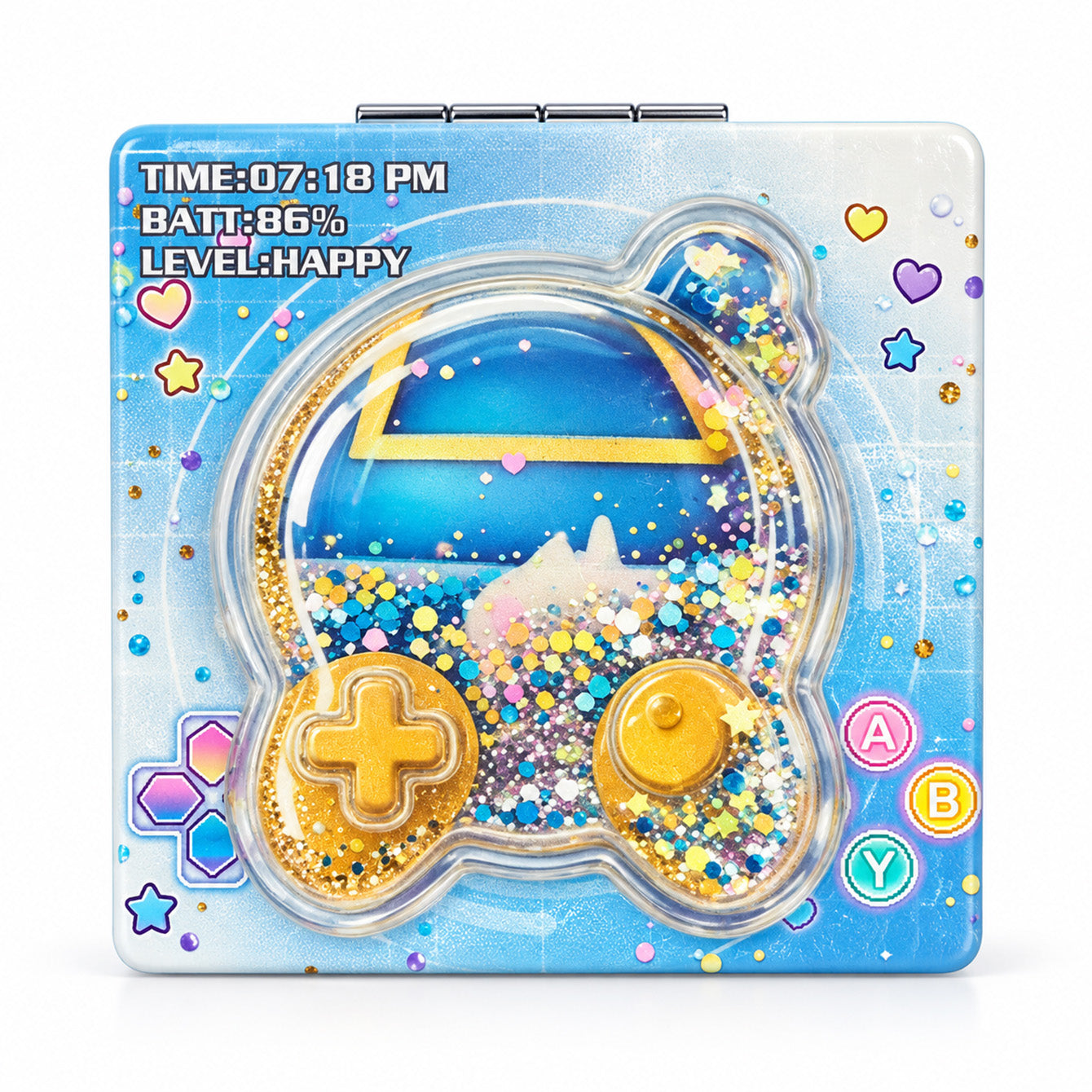 Blue gaming style liquid glitter compact mirror back view