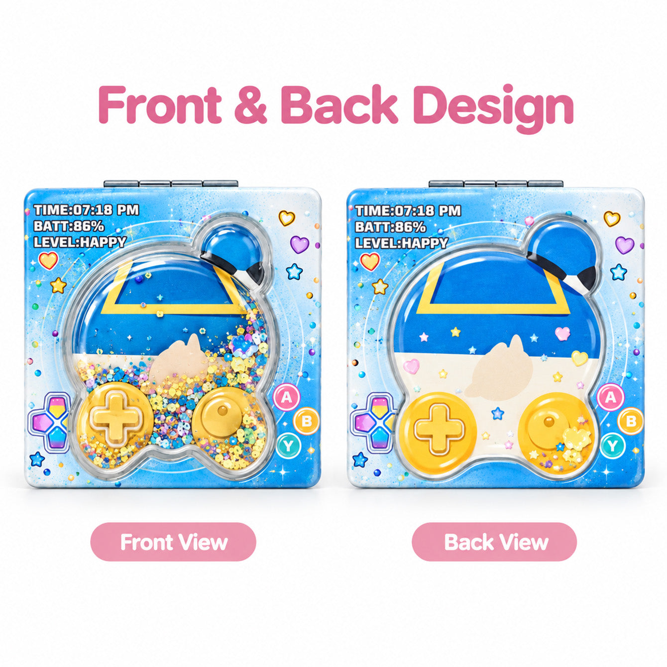 Front and back design of blue liquid glitter compact mirror