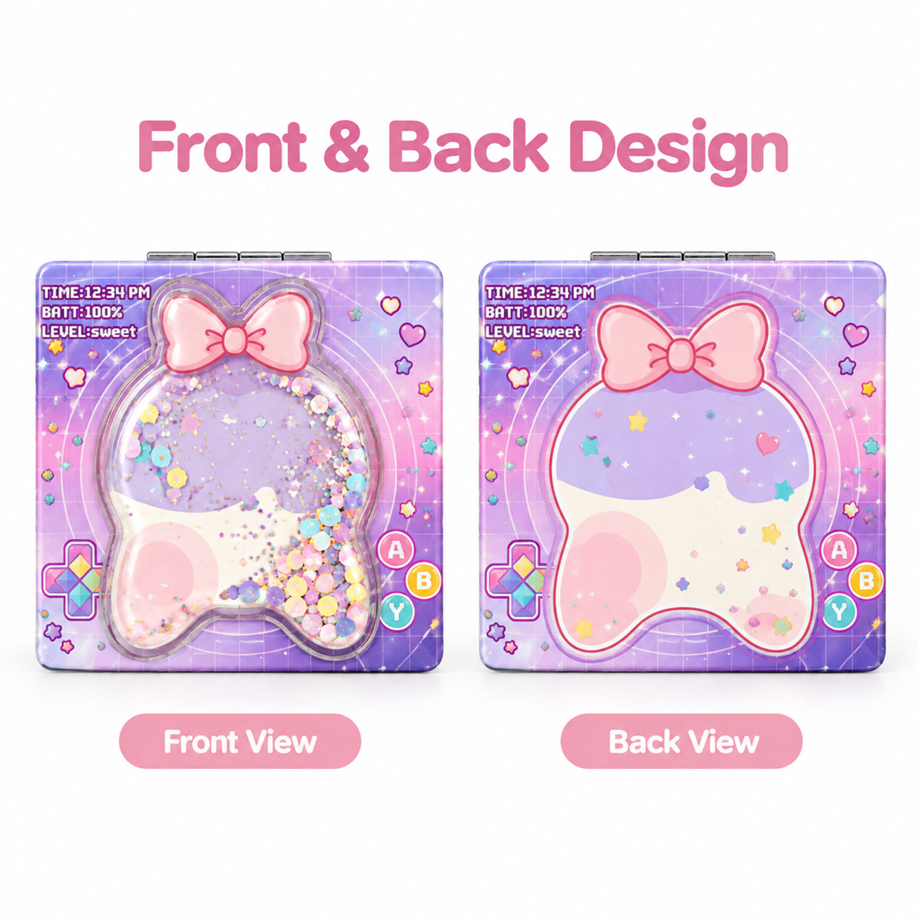 Front and back design of purple liquid glitter compact mirror