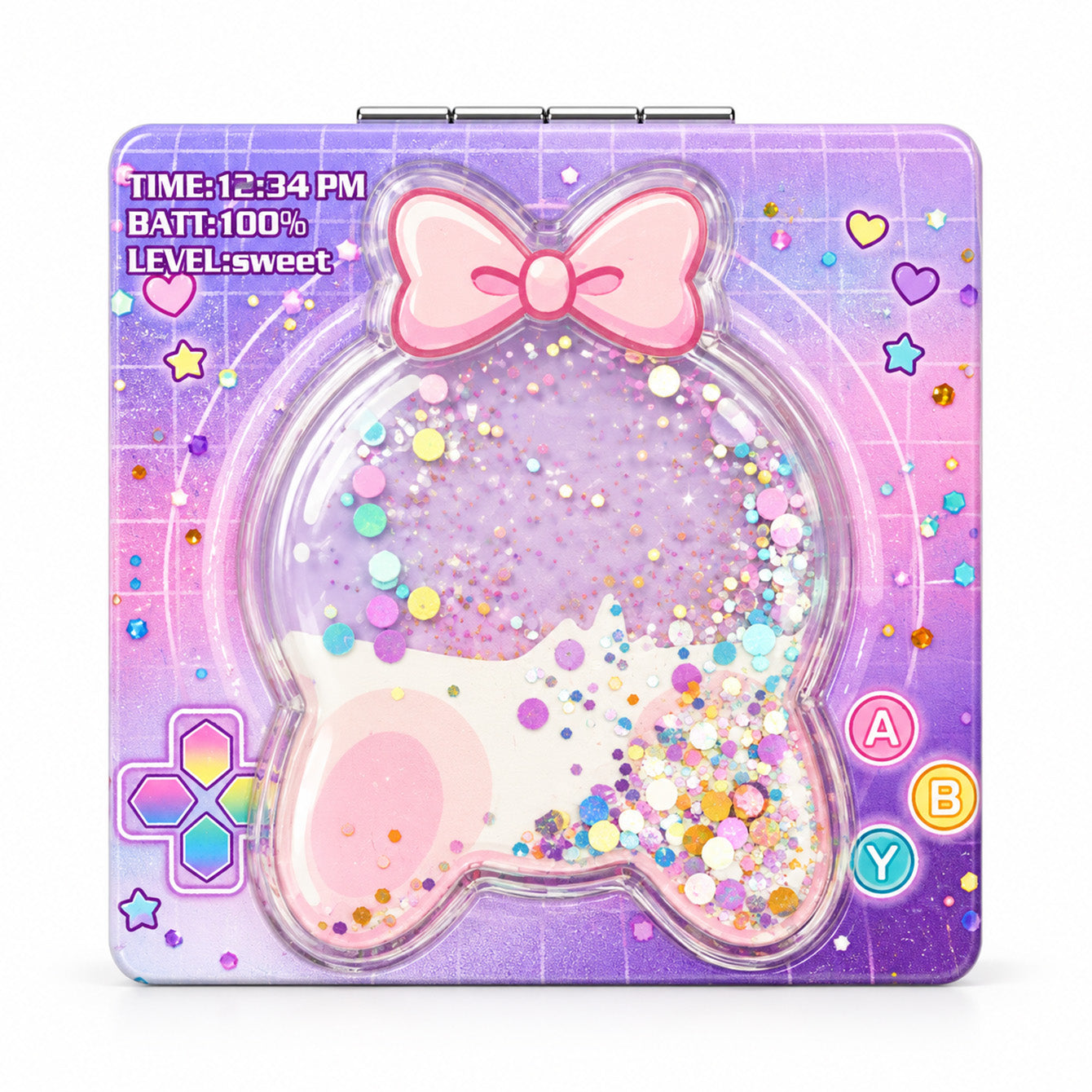 Purple bow liquid glitter compact mirror back view