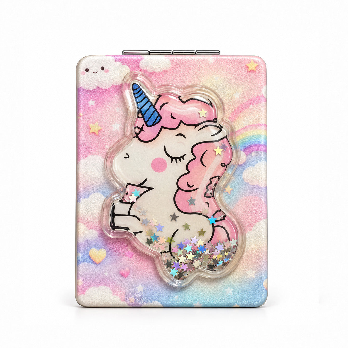 Pink unicorn liquid glitter quicksand compact mirror