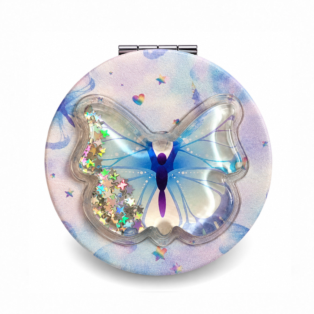 Blue butterfly liquid glitter quicksand round compact mirror