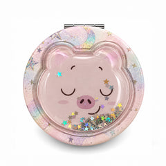 Pink pig liquid glitter quicksand round compact mirror