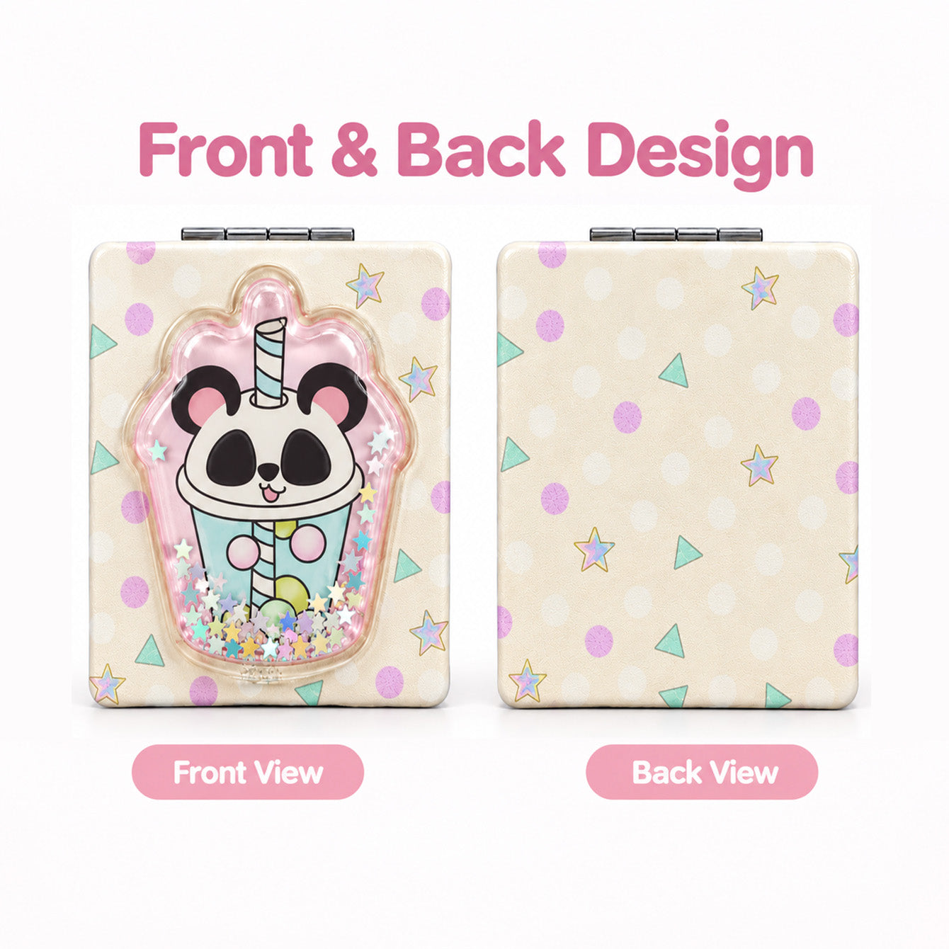 Front and back design of polka panda liquid glitter quicksand compact mirror