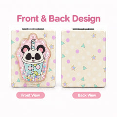 Front and back design of polka panda liquid glitter quicksand compact mirror