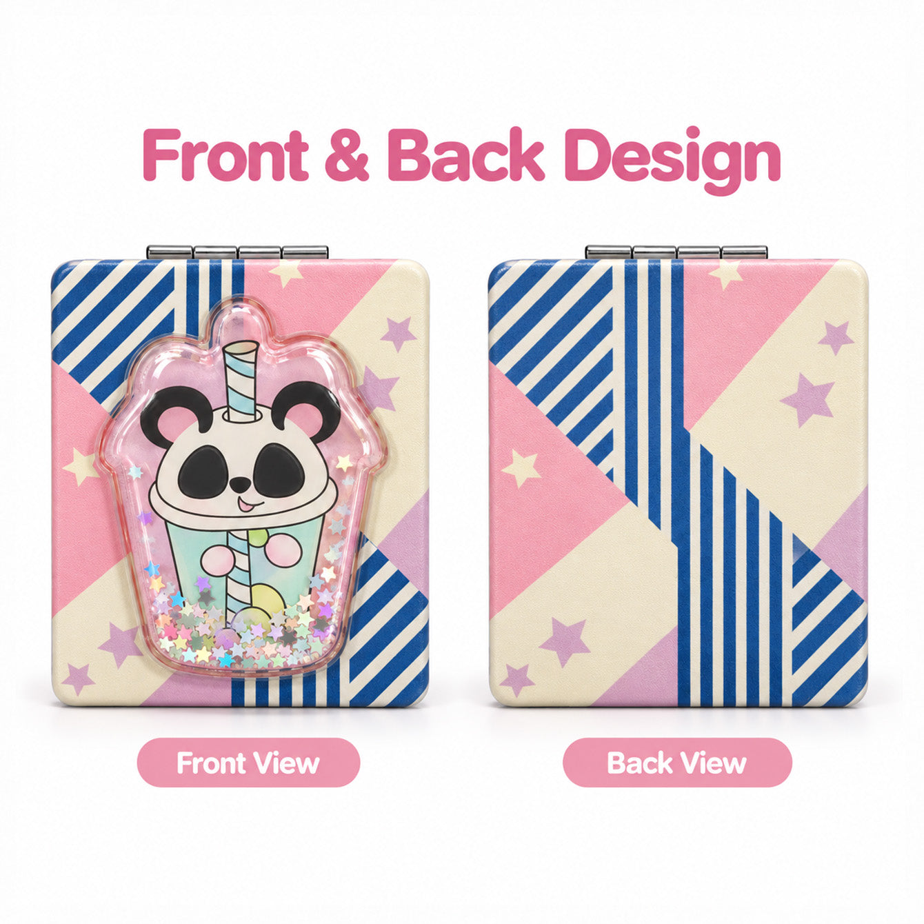 Front and back design of stripe panda liquid glitter quicksand compact mirror