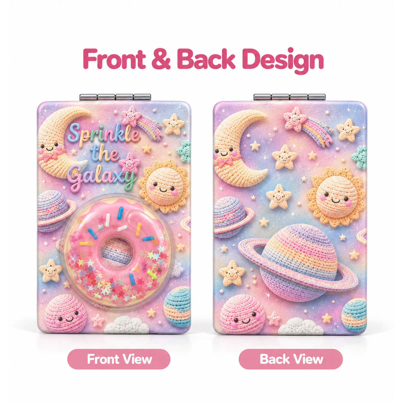 Front and back design of galaxy donut liquid glitter quicksand compact mirror