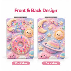 Front and back design of galaxy donut liquid glitter quicksand compact mirror