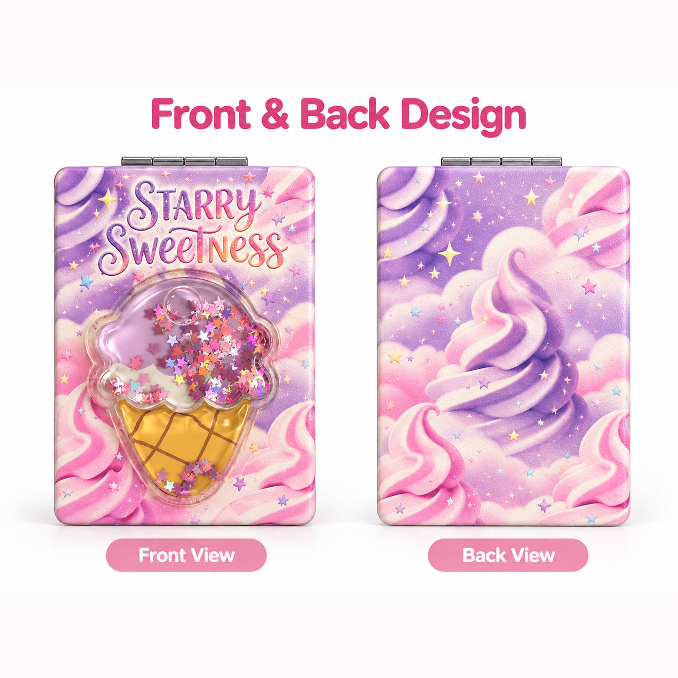 Front and back design of starry ice cream liquid glitter quicksand compact mirror
