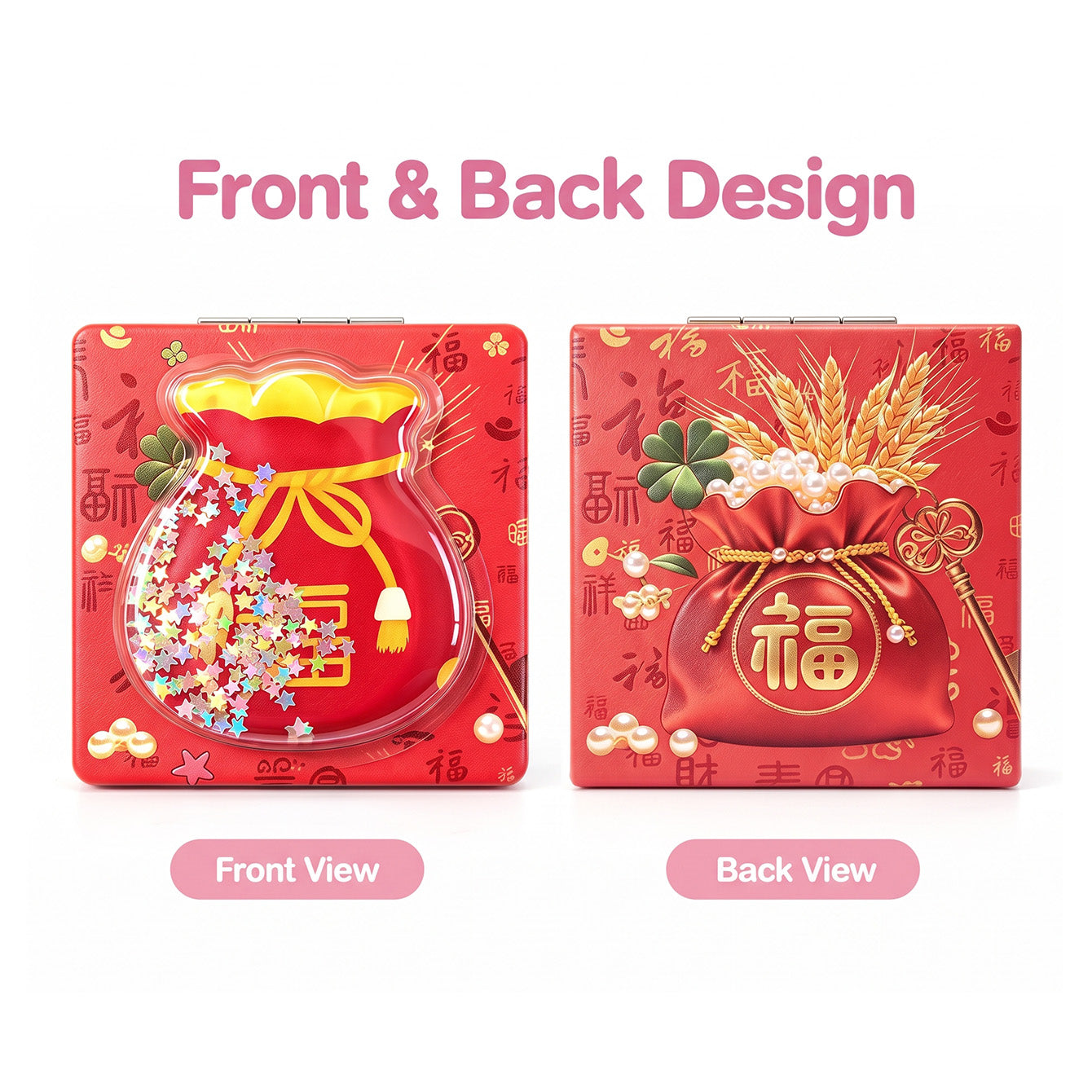 Front and back design of lucky fortune bag liquid glitter quicksand compact mirror