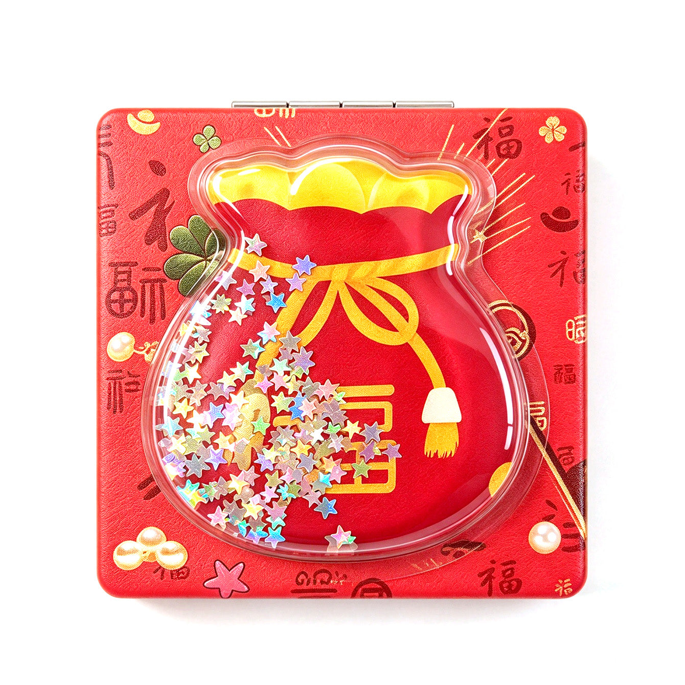 Lucky fortune bag liquid glitter quicksand square compact mirror front view