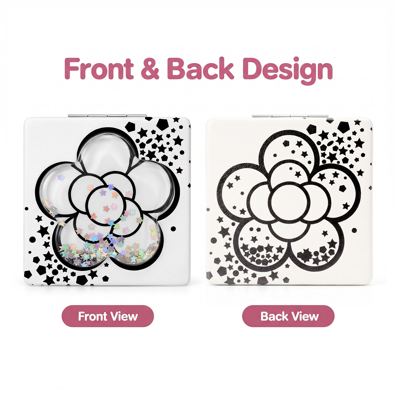 Front and back design of Star Bloom flower liquid glitter quicksand compact mirror