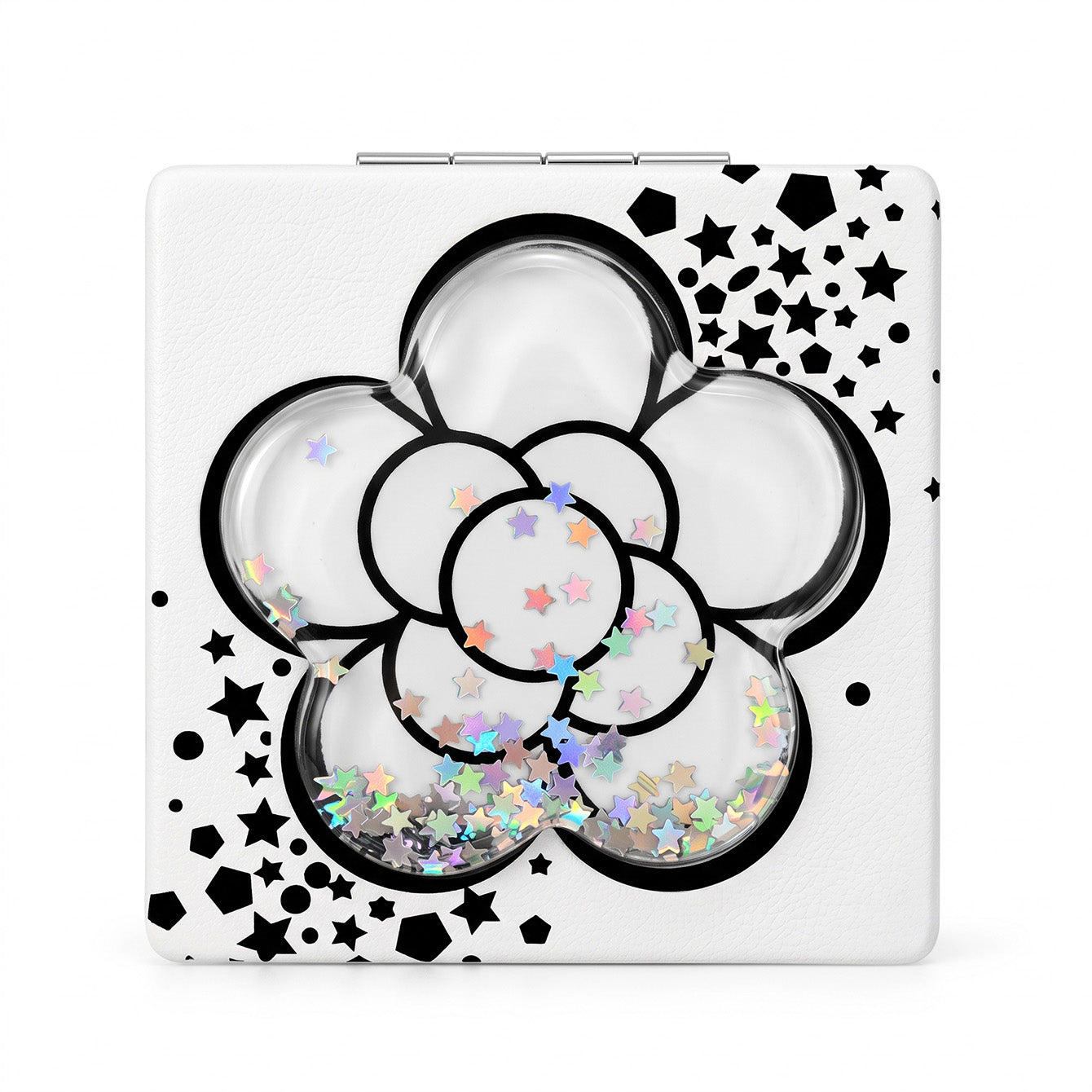 Star Bloom flower liquid glitter quicksand square compact mirror front view