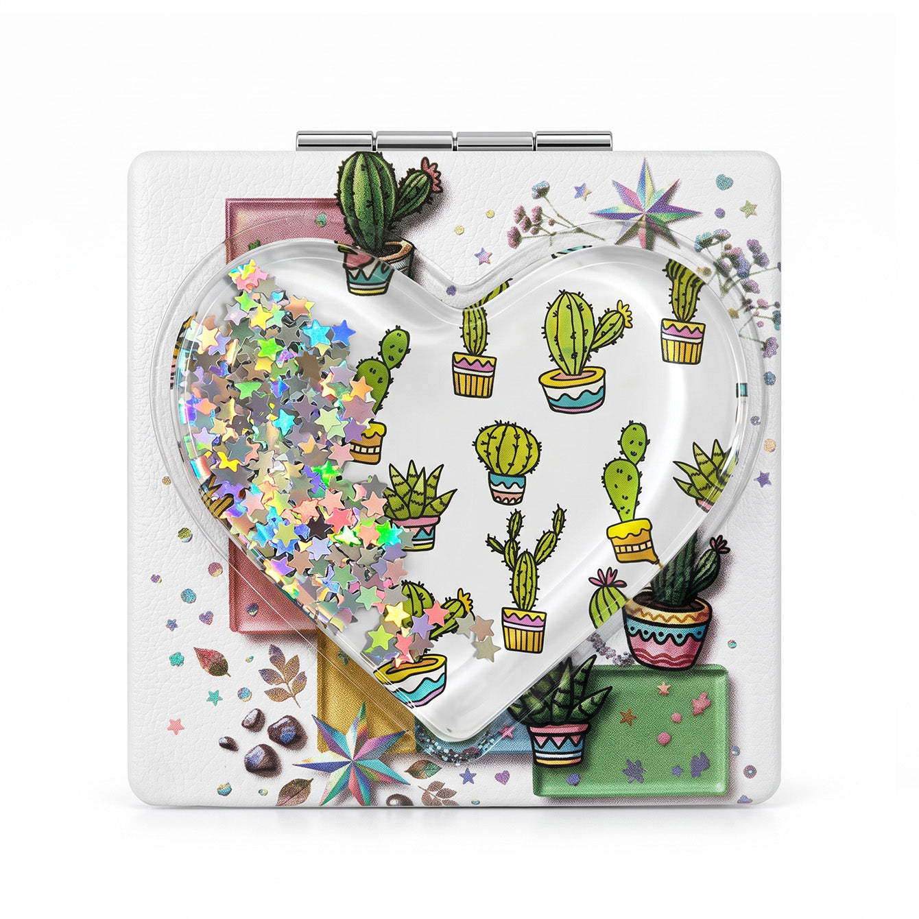 Cactus Garden liquid glitter quicksand square compact mirror front view