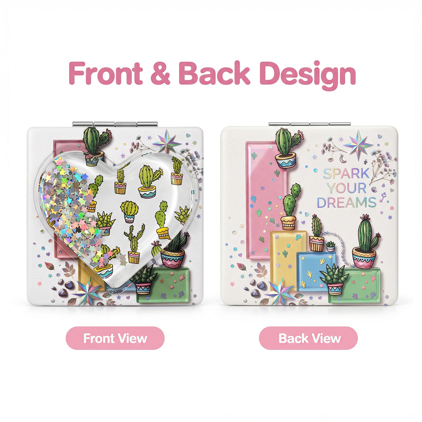 Front and back design of Cactus Garden liquid glitter quicksand compact mirror