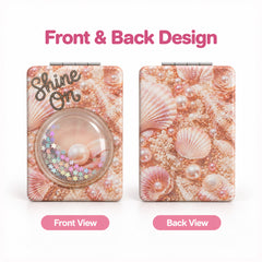 Front and back design of Shine On seashell liquid glitter quicksand compact mirror