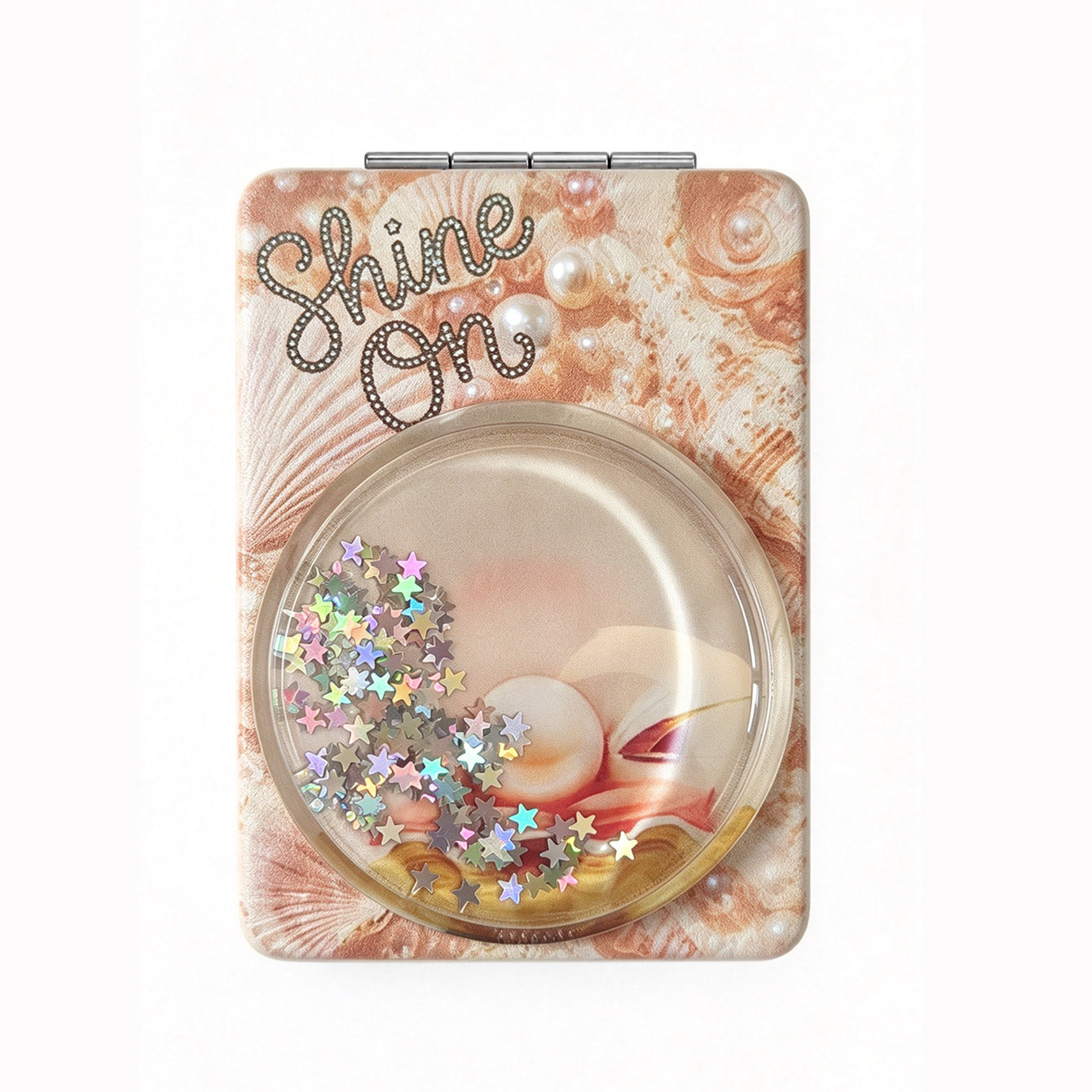 Shine On seashell liquid glitter quicksand rectangular compact mirror front view