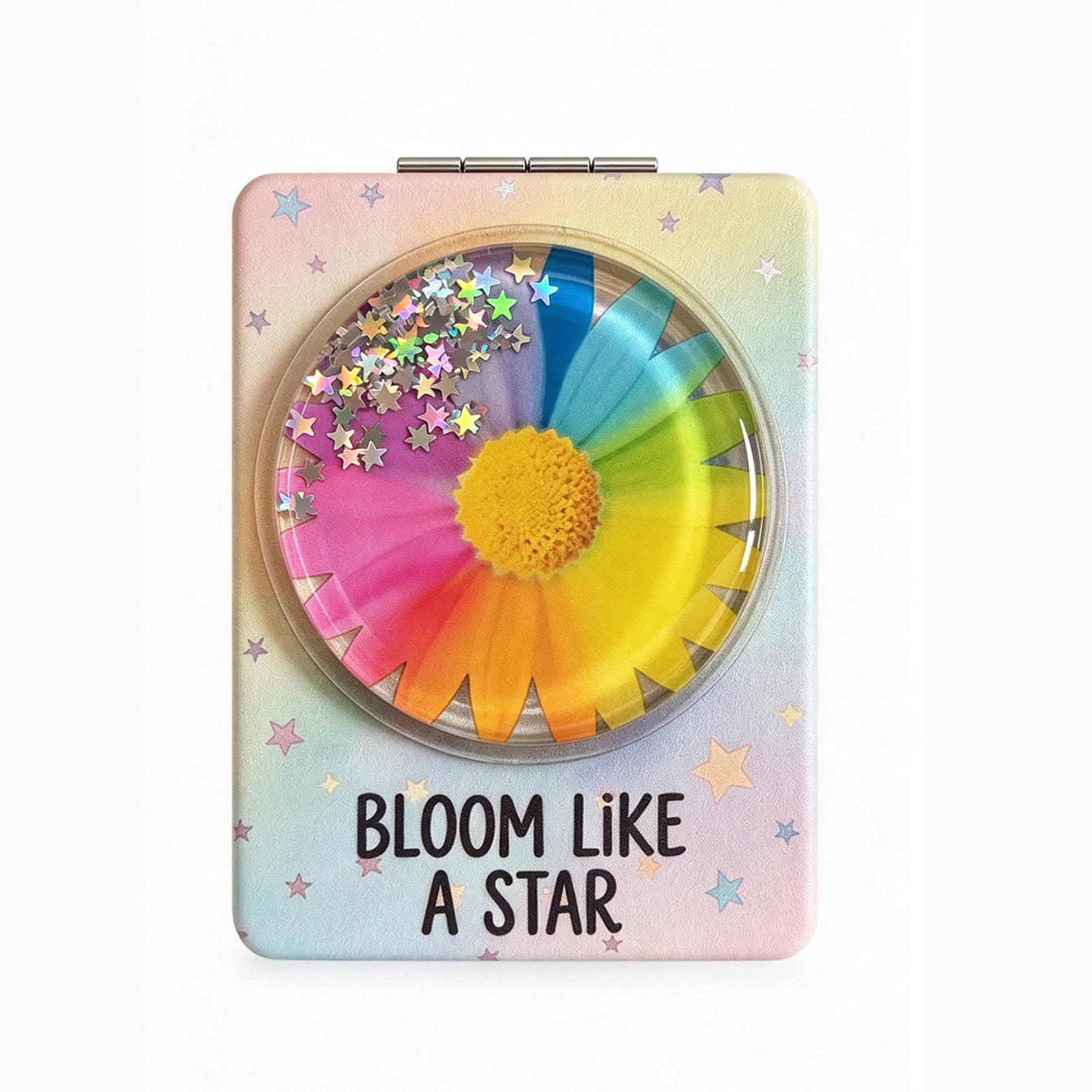 Bloom Like A Star rainbow flower liquid glitter quicksand rectangular compact mirror front view