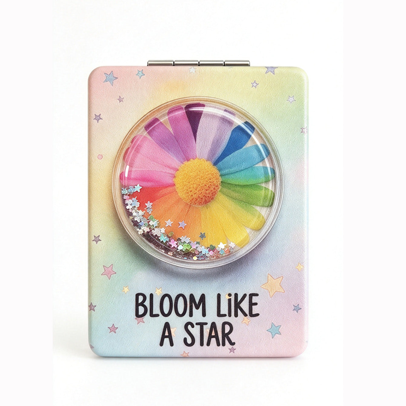 Bloom Like A Star rainbow flower liquid glitter quicksand compact mirror detail view