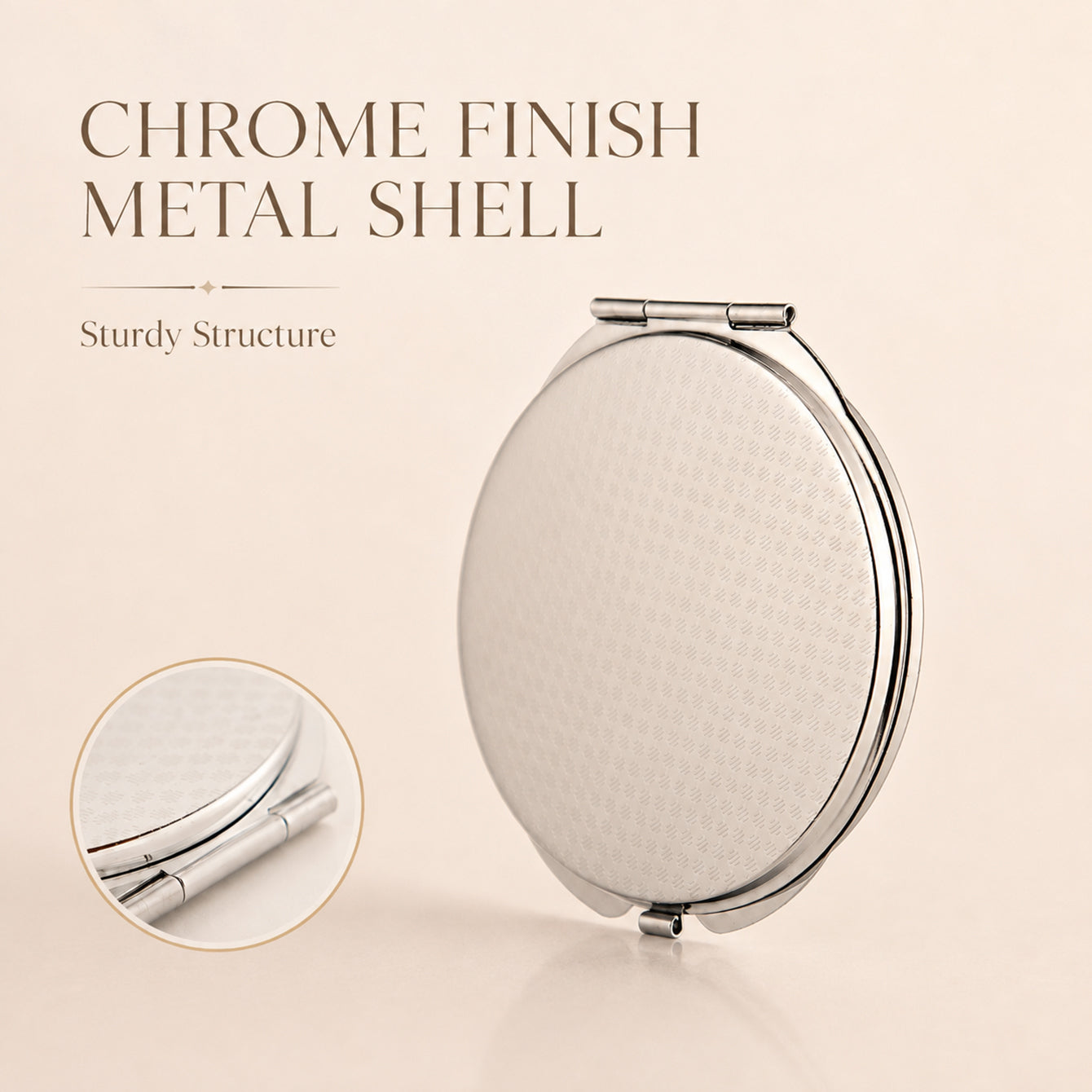 Chrome finish iron shell and integrated rolled-edge hinge detail