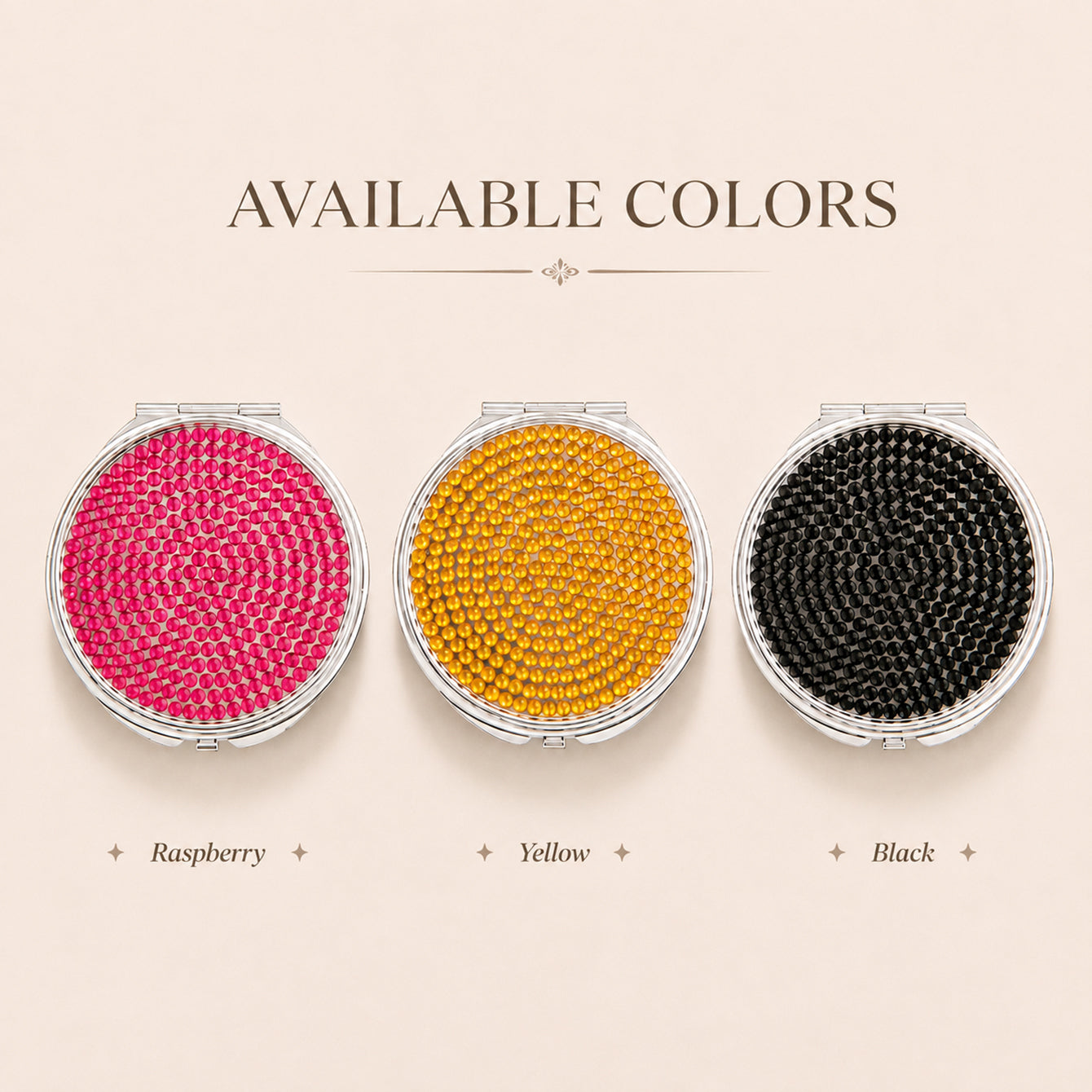 Available rhinestone compact mirror colors raspberry yellow and black