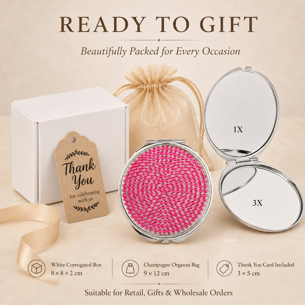 Raspberry rhinestone compact mirror gift set with white box organza bag and thank you card