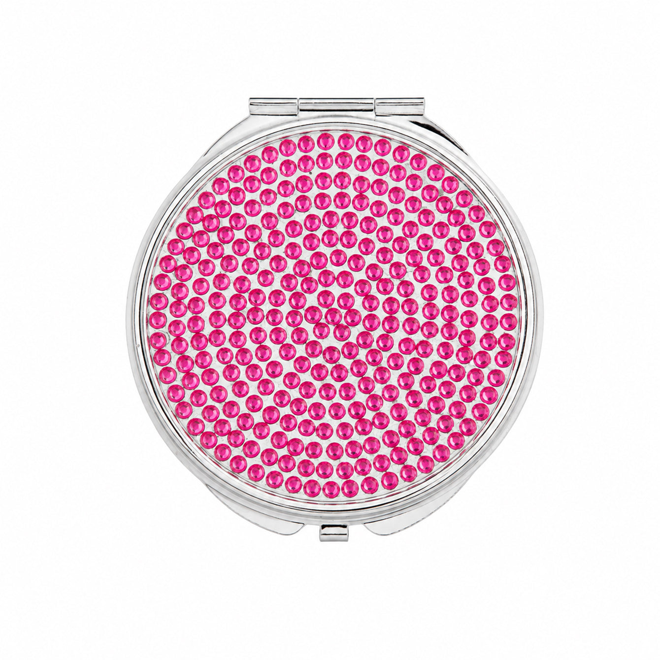 70mm round acrylic rhinestone compact mirror raspberry chrome finish front view