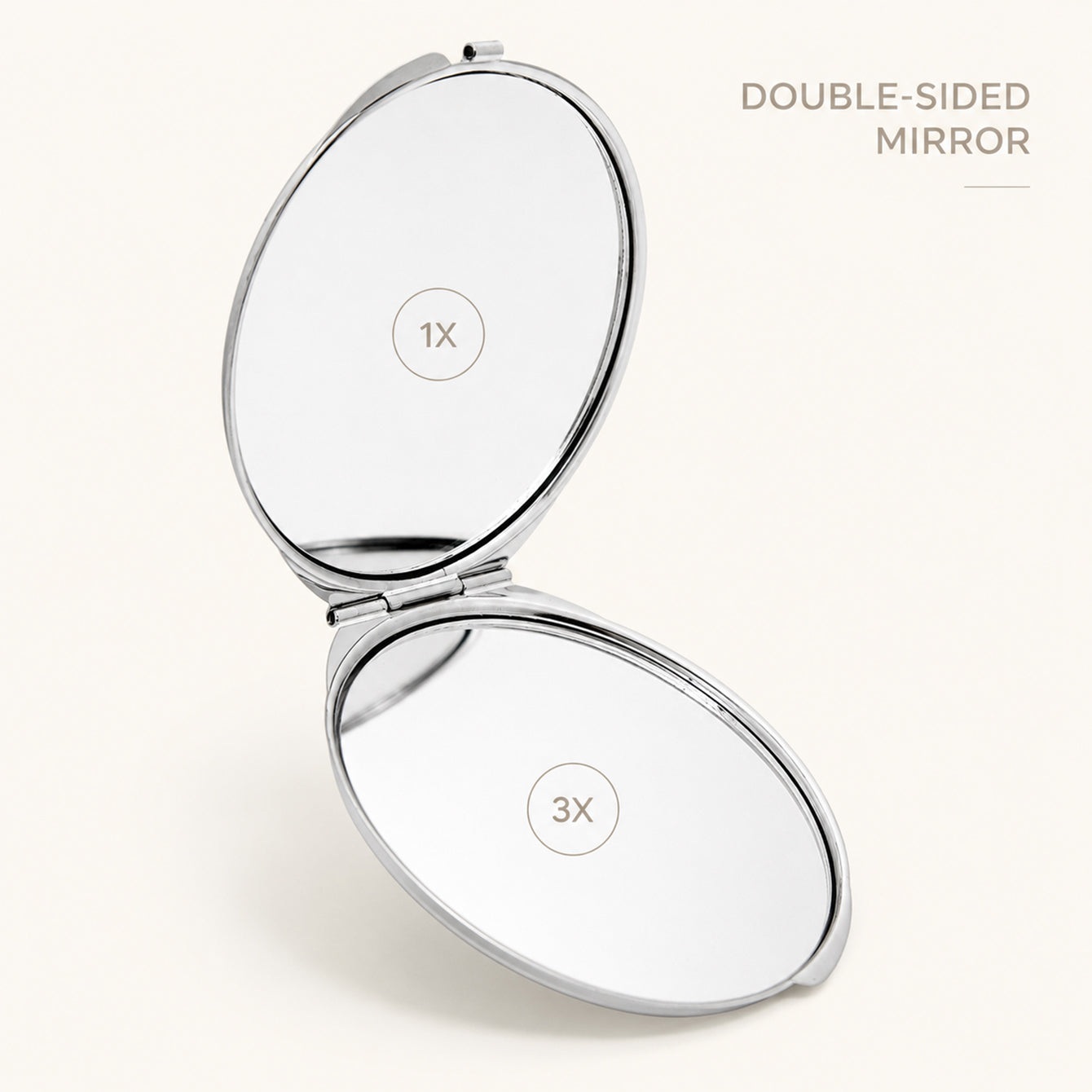 Double-sided 1X and 3X float glass folding makeup mirror open view