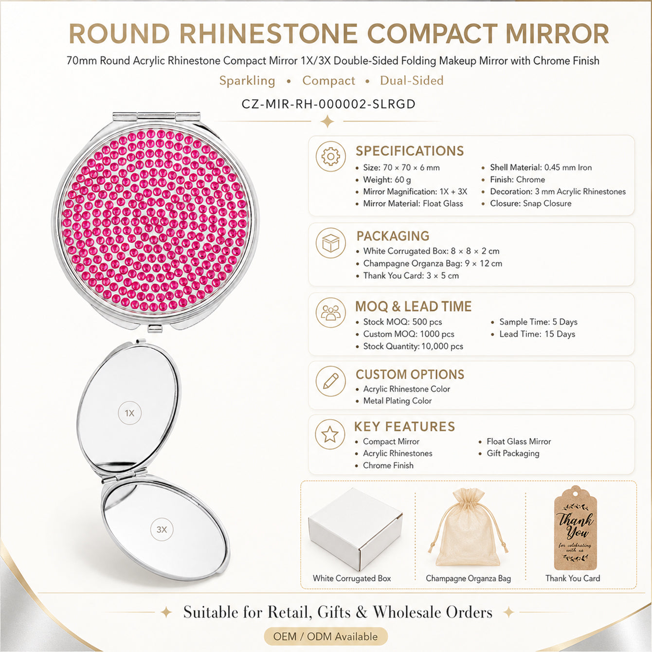 Product information card for 70mm rhinestone compact mirror