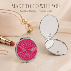 Rhinestone compact mirror with cosmetic bag 1X and 3X mirror lifestyle scene