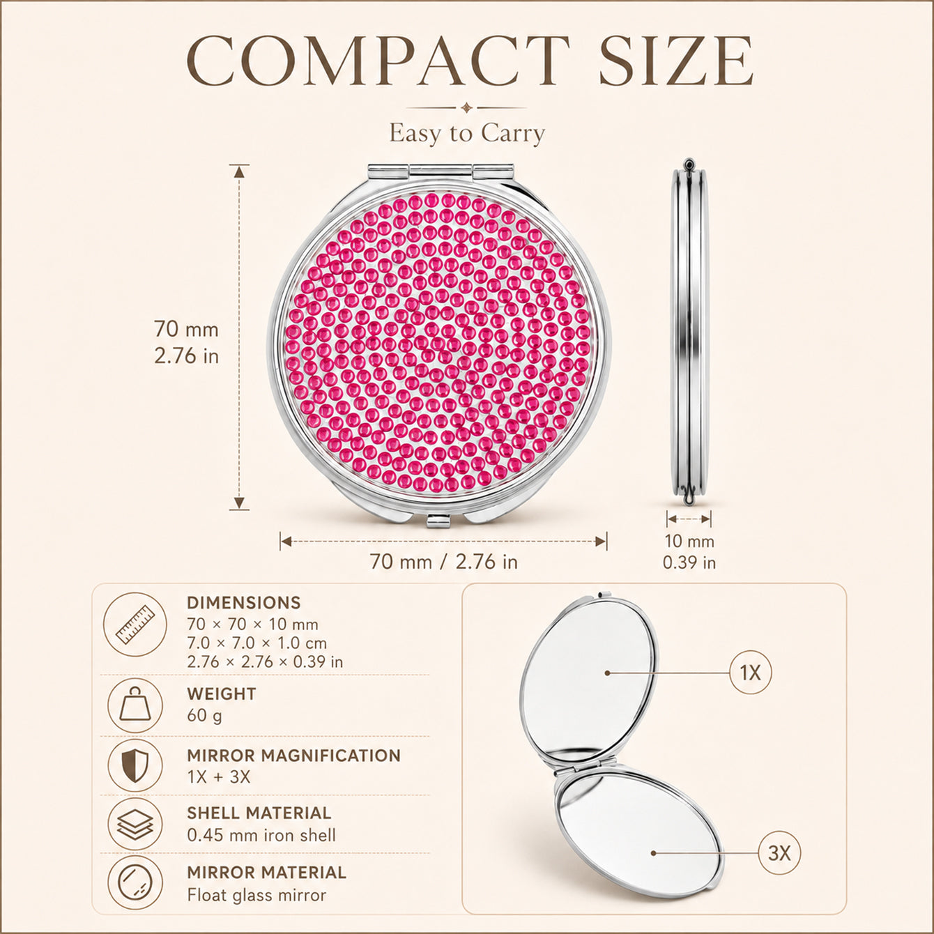 70mm compact mirror size weight 1X 3X iron shell and float glass specifications
