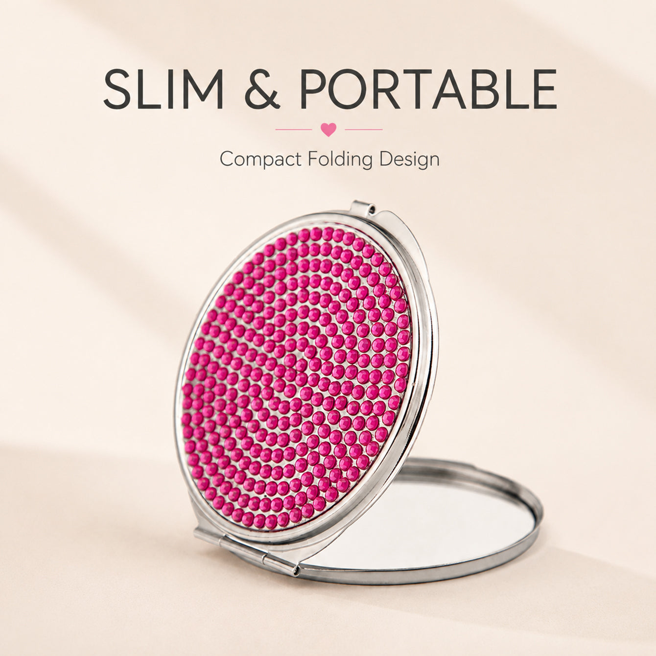 Slim portable rhinestone compact mirror folding design