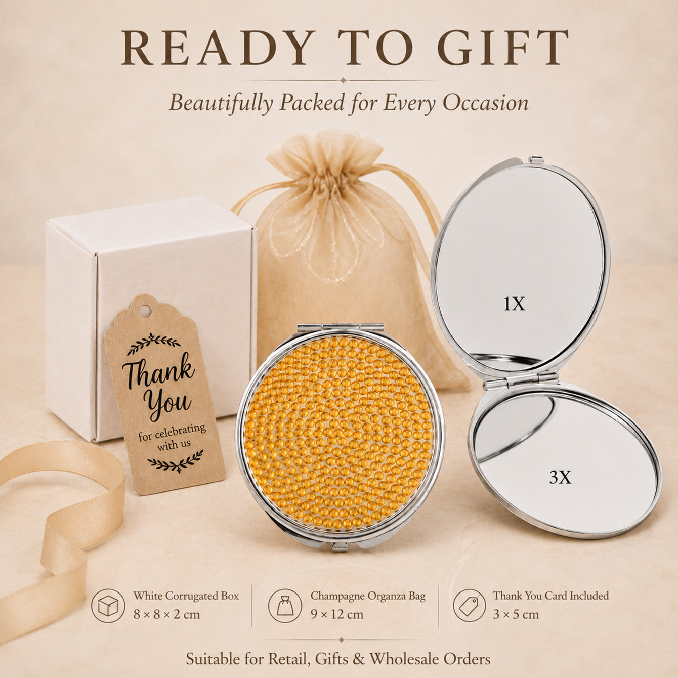 Yellow rhinestone compact mirror gift set with white box organza bag and thank you card