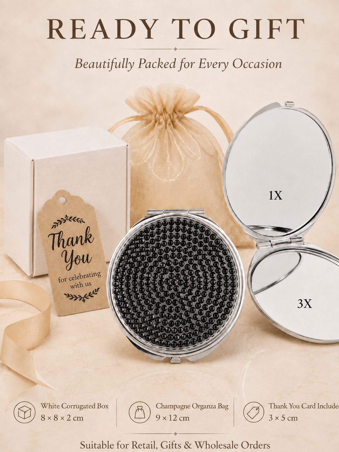 Black rhinestone compact mirror gift set with white box organza bag and thank you card