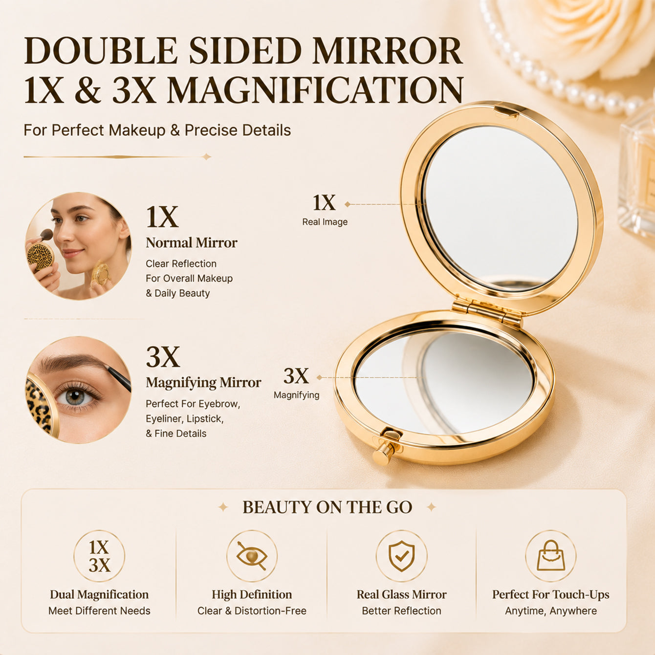 Gold leopard print epoxy folding compact mirror 1X 3X dual mirror