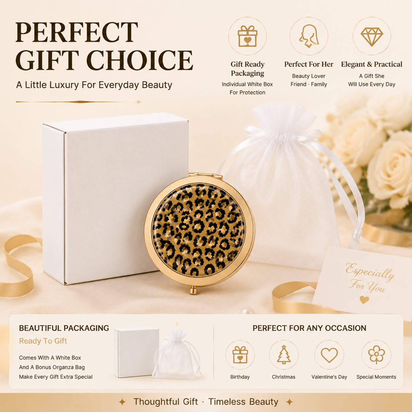 CHOIZIN gold leopard print epoxy round compact mirror – gift set