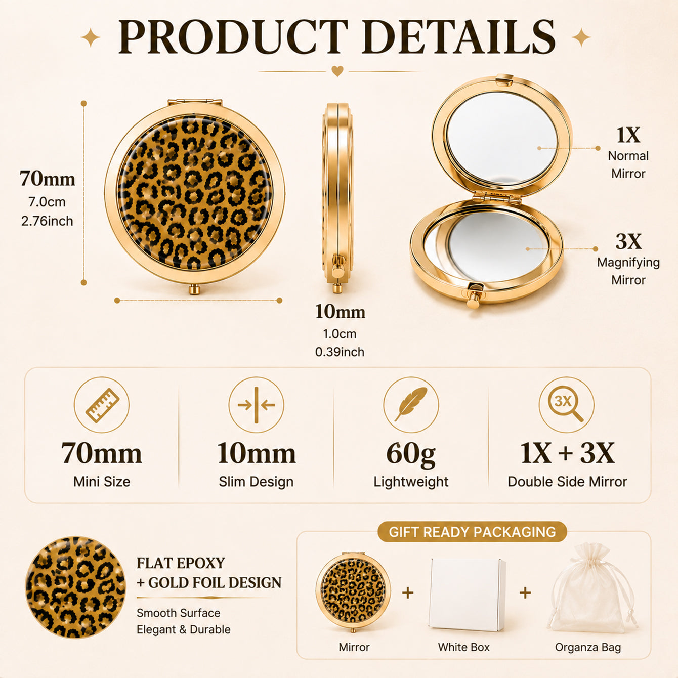 Gold leopard print epoxy folding compact mirror 1X 3X specifications