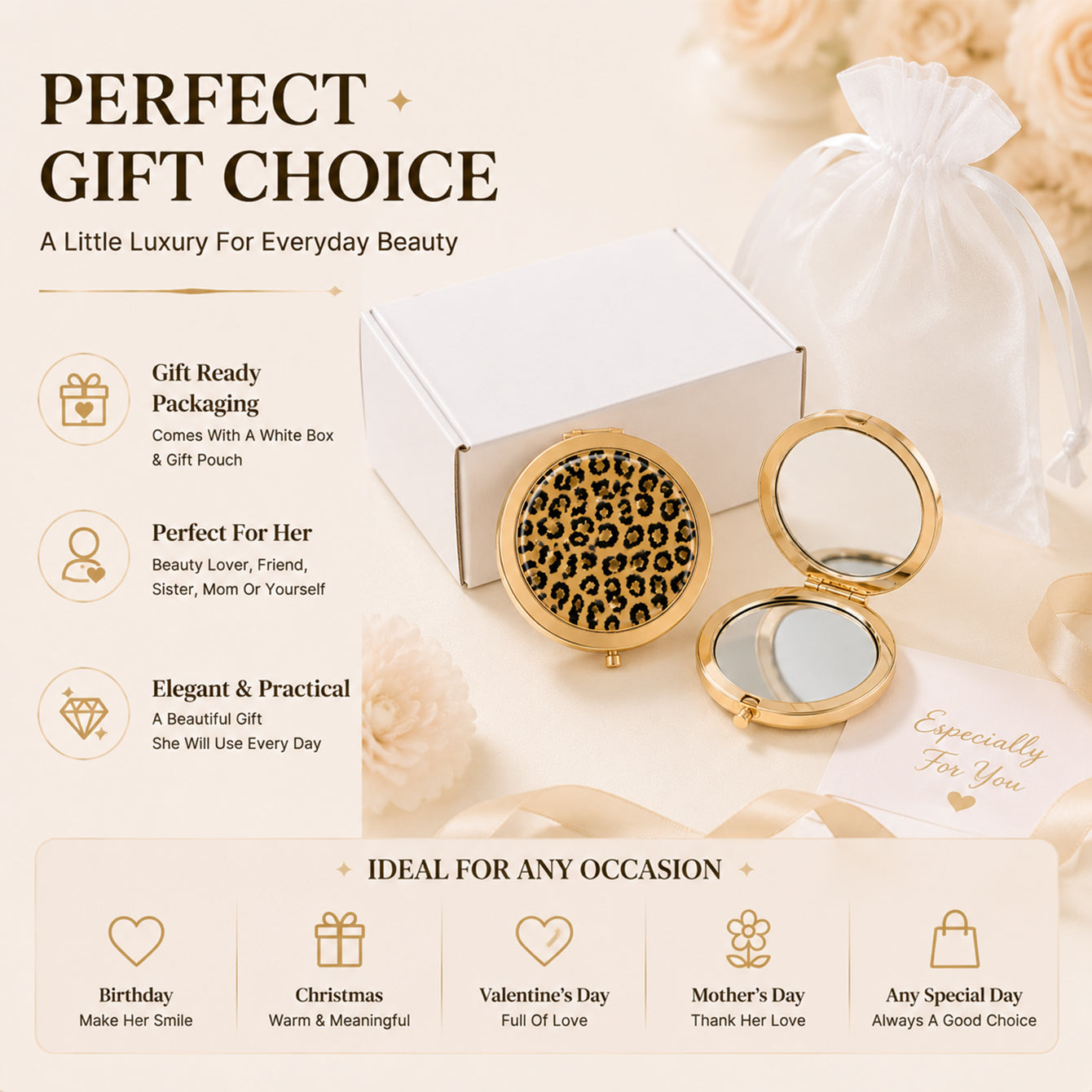 CHOIZIN gold leopard print epoxy round compact mirror – gift packaging