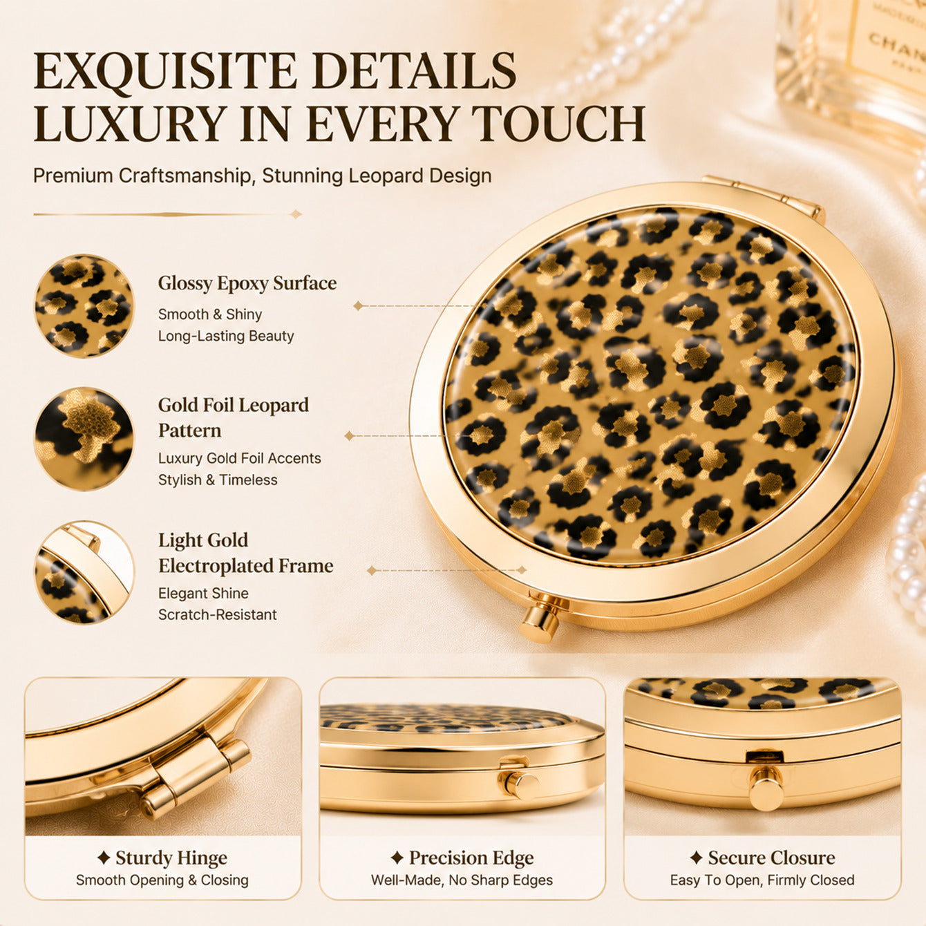 Gold leopard print epoxy folding compact mirror 1X 3X epoxy details