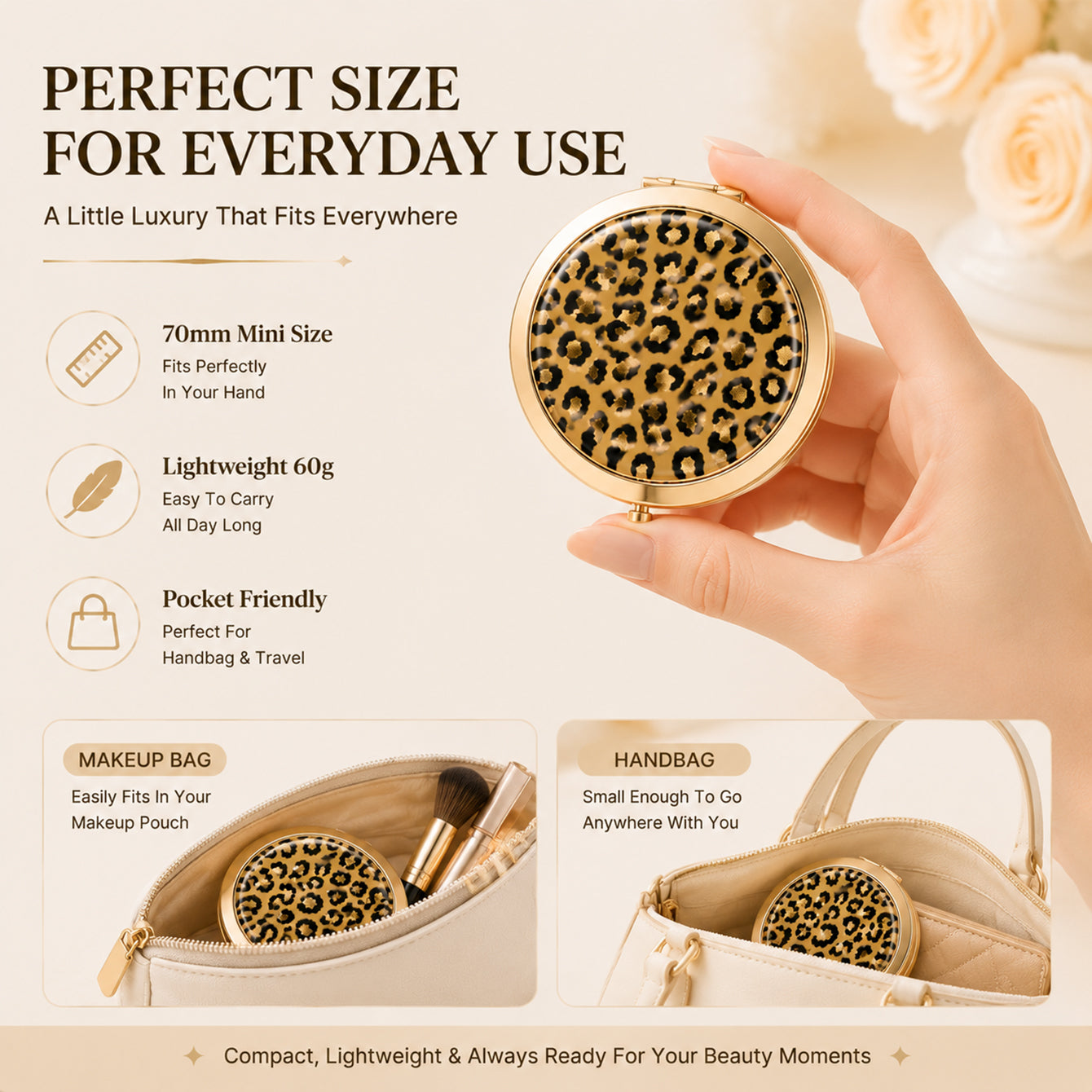 Gold leopard print epoxy folding compact mirror 1X 3X portable use