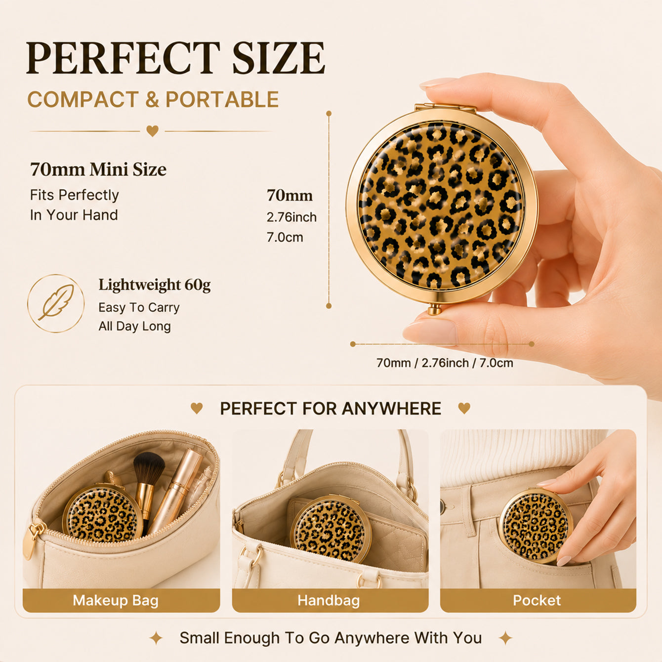 Gold leopard print epoxy folding compact mirror 1X 3X size guide