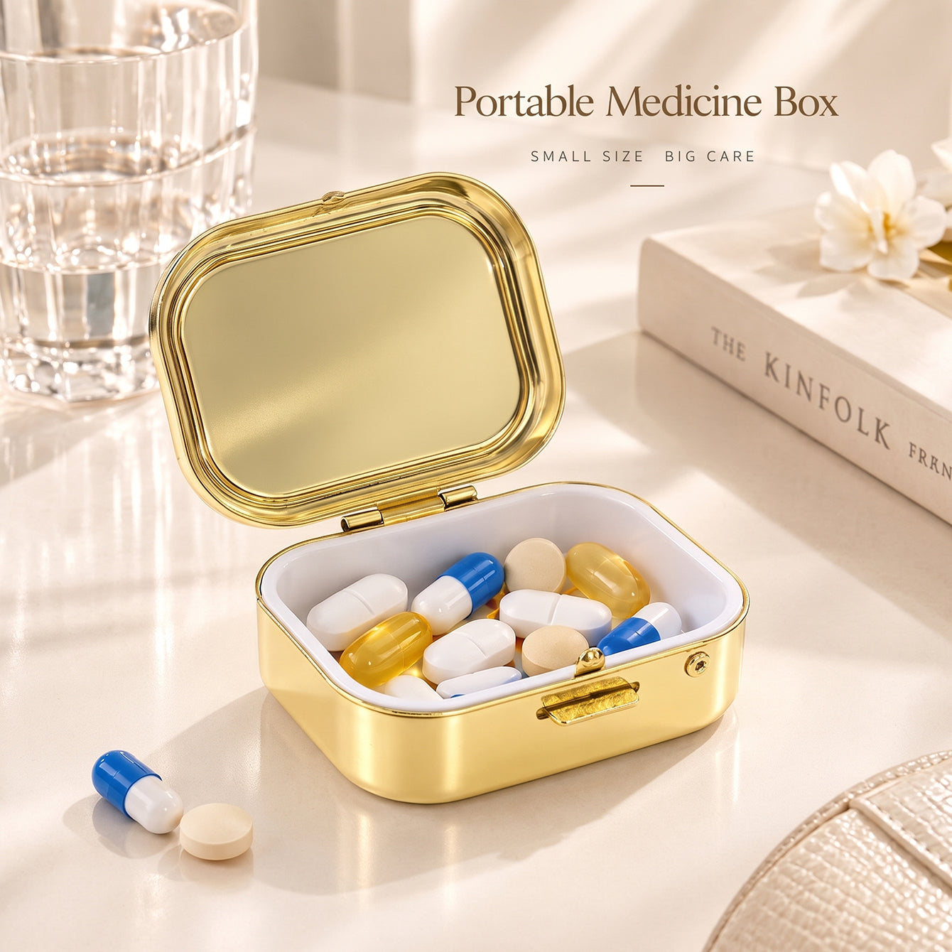 Open small pearl-effect storage box holding rings and jewelry