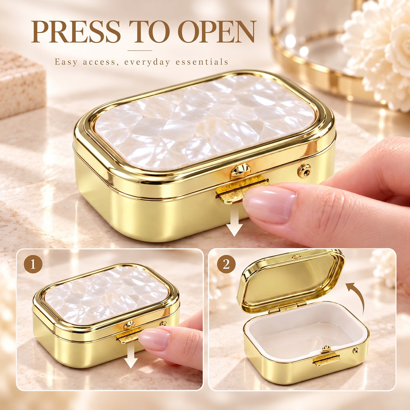 Step-by-step instructions for opening hinged compact box