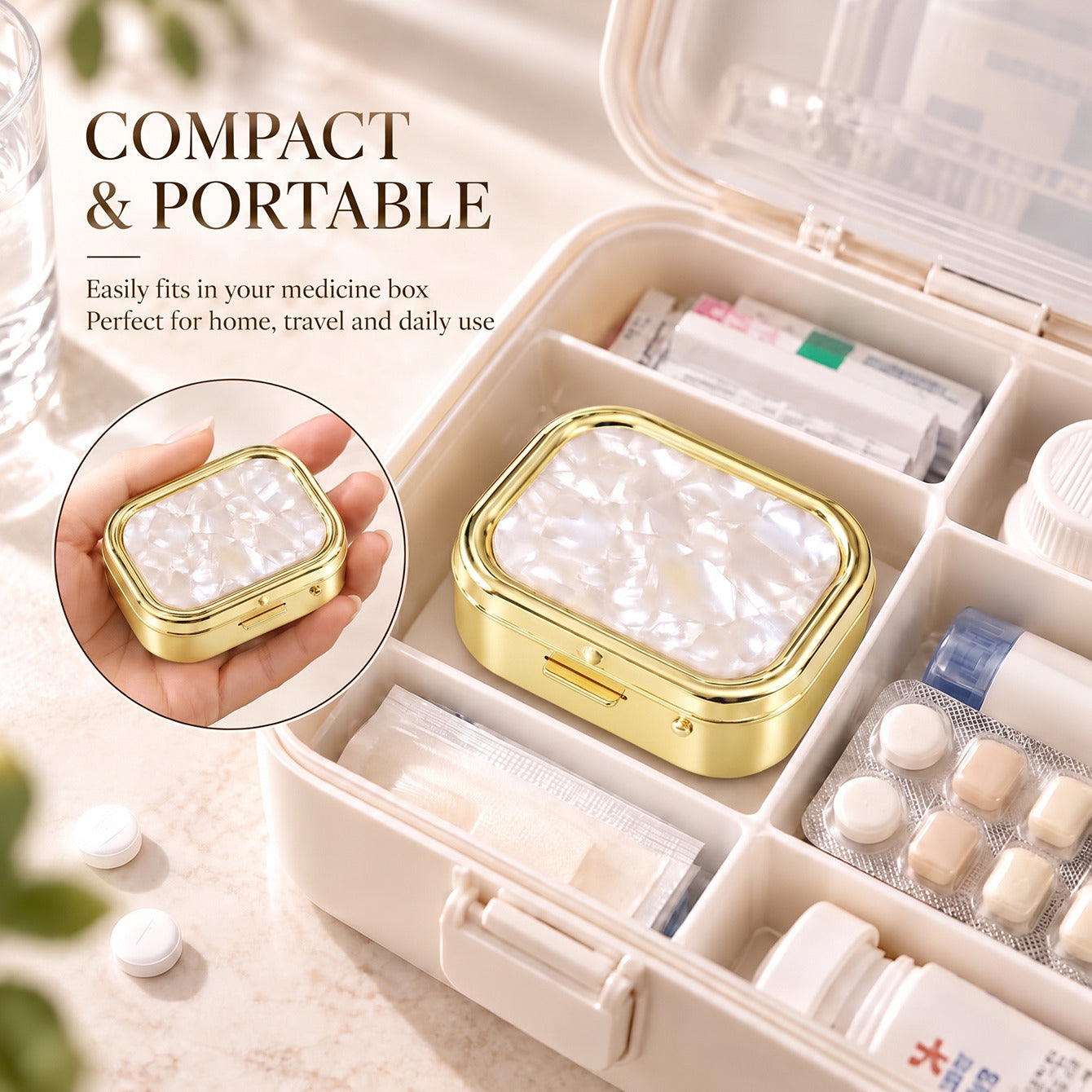 Pearl-effect mini pill and jewelry box size: 6 cm long, 5 cm wide, 2 cm thick