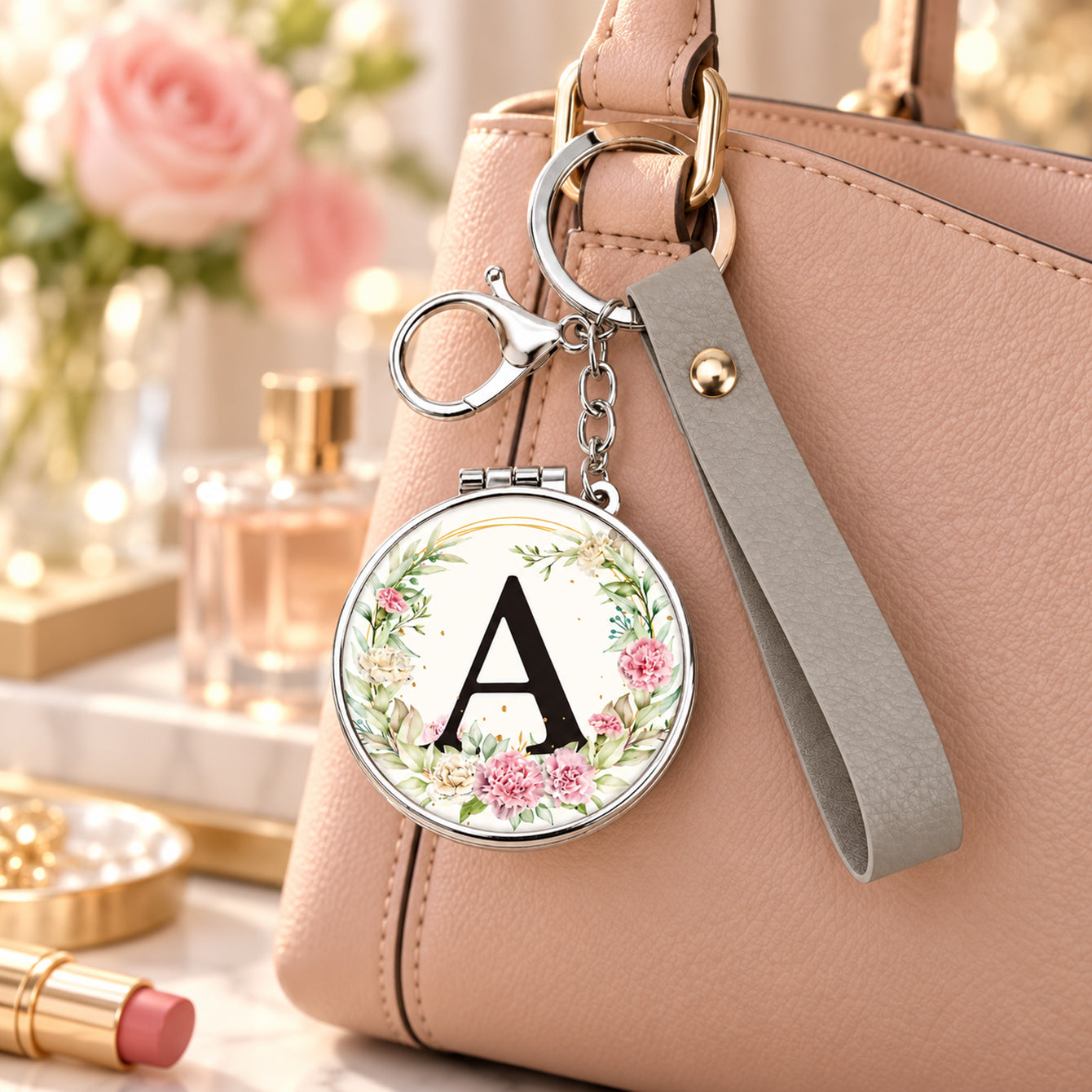Floral compact keychain handbag lifestyle