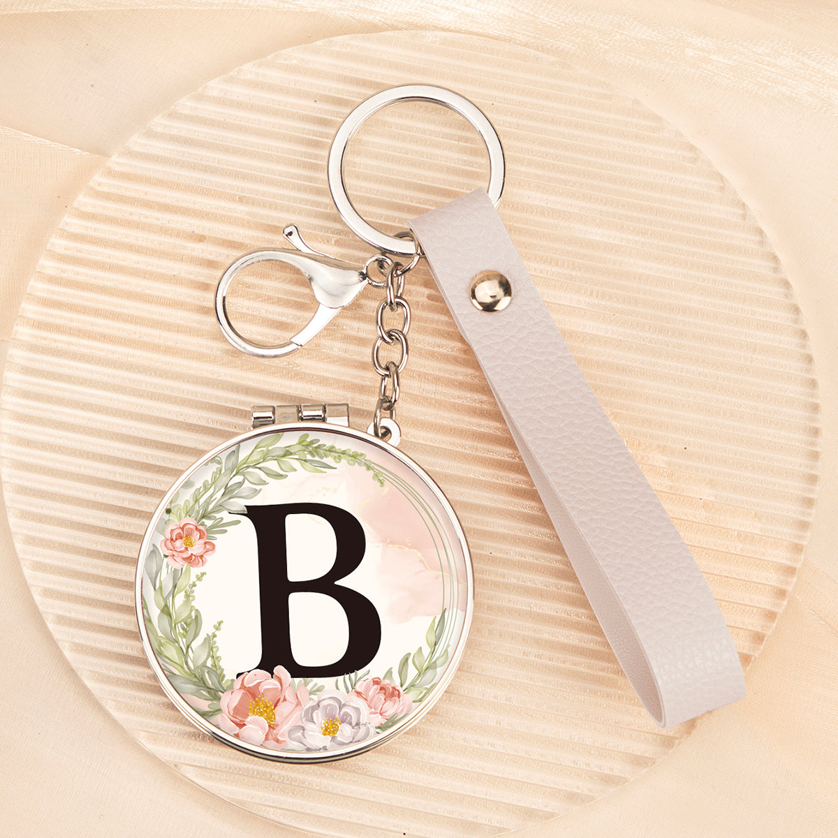 Floral initial letter B mirror keychain, original real product image